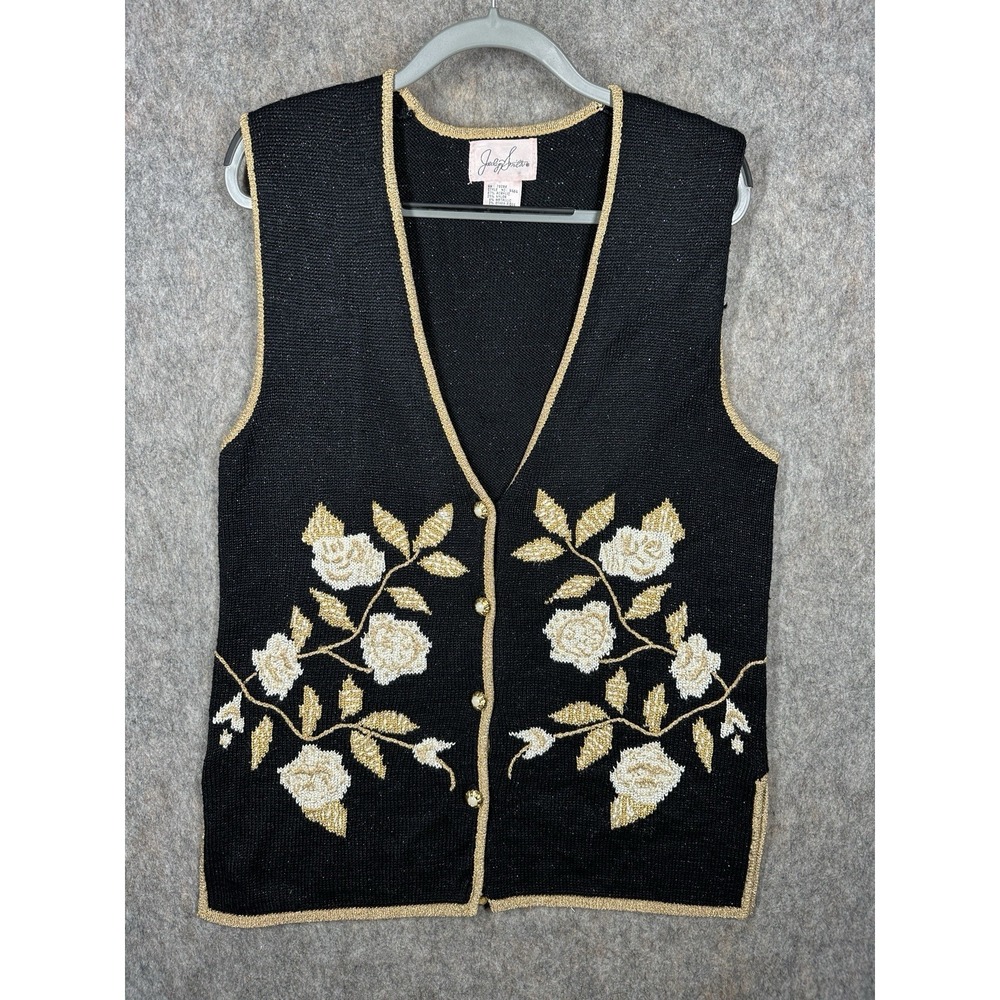 Vintage Jacklyn Smith Black Gold Floral Knit Sweater Vest Medium M